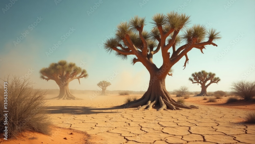 Unusual trees in dry landscapes. The concept of combating drought. Unusual trees in dry landscapes. The concept of combating drought.