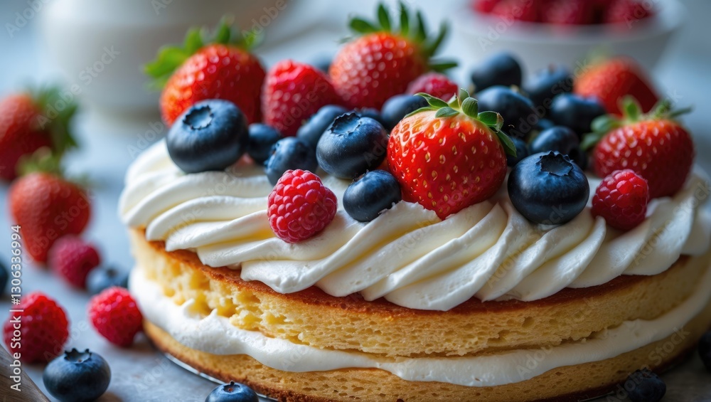 Layered sponge dessert topped with whipped cream and an array of fresh berries. Layered sponge dessert topped with whipped cream and an array of fresh berries.