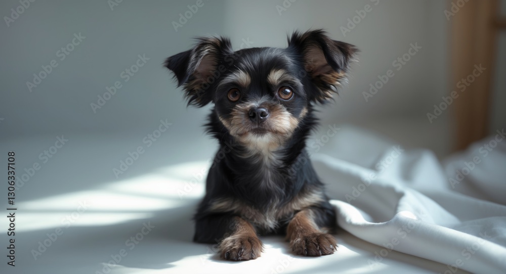 Charming small black dog lying against a light backdrop. Cute indoor portrait of a pet. Charming small black dog lying against a light backdrop. Cute indoor portrait of a pet.