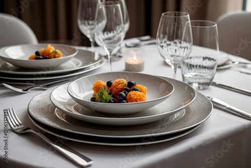 Stylish table setting showcases modern chrome cutlery and plates, reflecting sleek sophistication for upscale dining. Subtle details highlight culinary elegance with chrome flair and refined taste