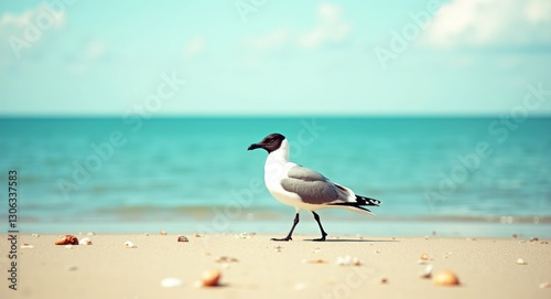 Fototapeta Naklejka Na Ścianę i Meble -  Seagull strolling on the shore. A solitary black-headed gull on the sandy coast of the Baltic Sea. Chroicocephalus ridibundus.
