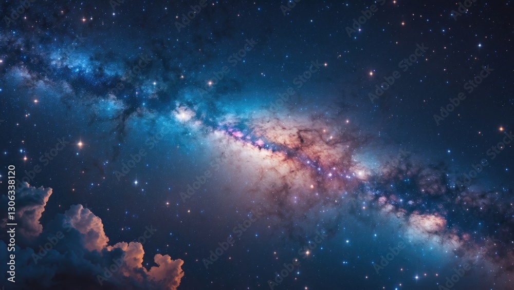 Naklejka premium Celestial backdrop featuring the Milky Way galaxy, with a vibrant blue space filled with stars and cosmic elements.