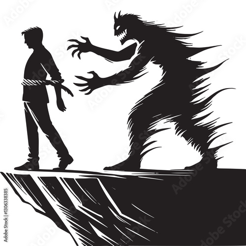 Black and white vector silhouette of a man with tied hands standing on the edge of a cliff and scary monster with sharp claws reaches towards him from behind. Isolated illustration on white background