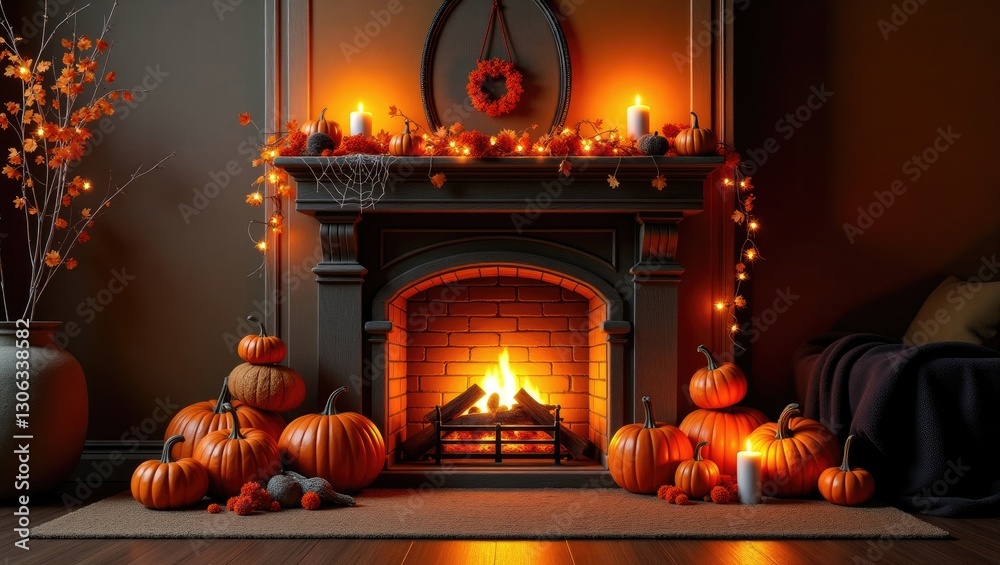 Obraz premium Fall-themed Halloween decor for a cozy fireplace setting.