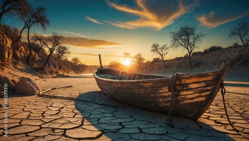 Tiny boat rests on the sandy terrain of a parched riverbed in southern Spain. photo