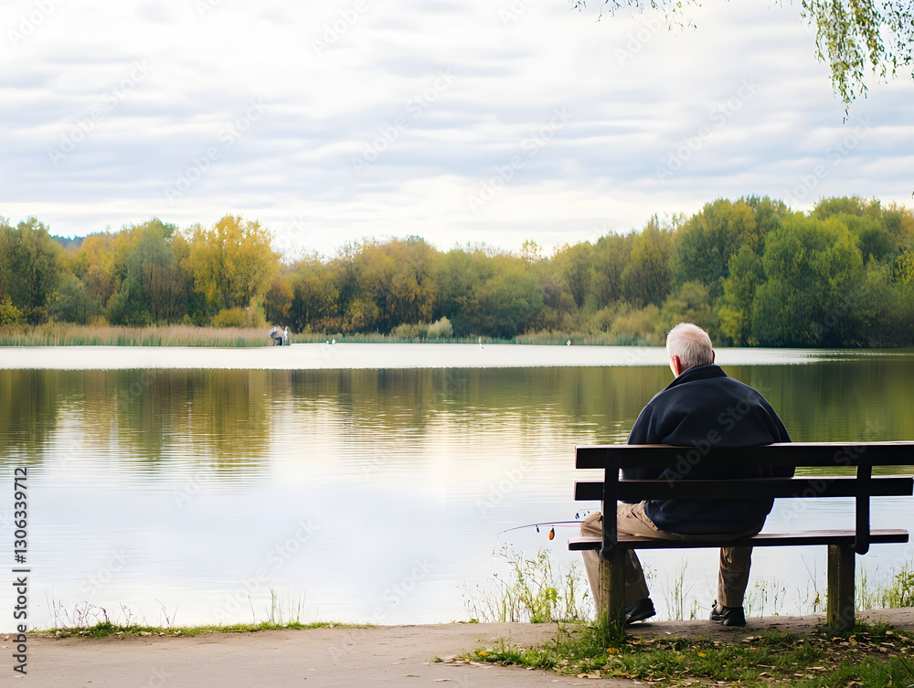 senior man sitting on a bench near the lake senior man sitting on a bench near the lake