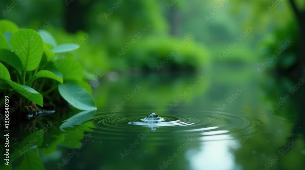 Serene aquatic scene a single droplet's impact creating concentric ripples on a calm, dark green water surface, reflected by lush vibrant green foliage Serene aquatic scene a single droplet's impact creating concentric ripples on a calm, dark green water surface, reflected by lush vibrant green foliage