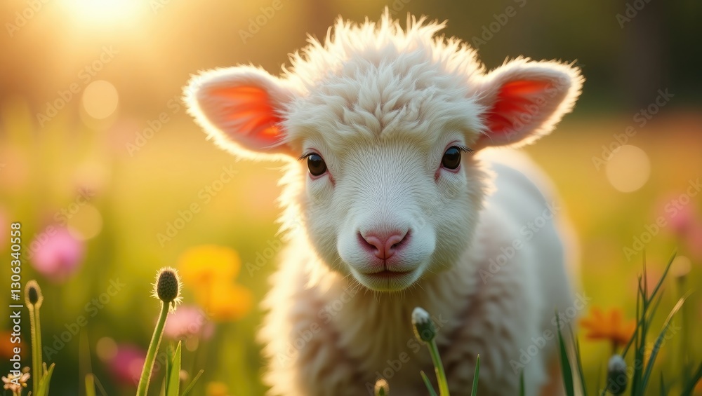 Obraz premium Young lamb in a meadow looking at the camera.