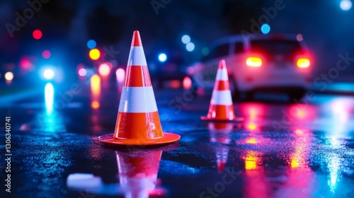 Traffic cones on wet street illuminated by colorful city lights