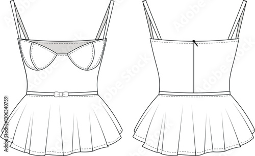 sleeveless zippered strapped strappy spaghetti straps fit square neck flared frilled bow tie belted peplum blouse template technical drawing flat sketch cad mockup fashion woman design style model 

