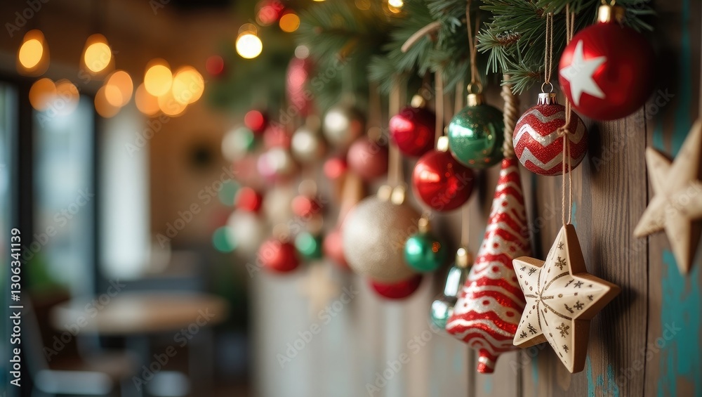 Obraz premium Crafted seasonal ornaments hang from the branches on the wall.