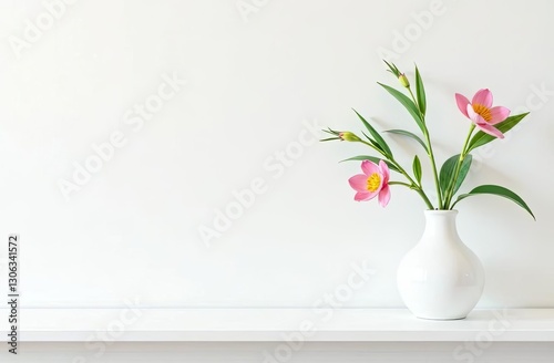 white vase with flowers stands on white wooden shelf, minimalist elegant spring  decoration. Mock up for your idea. Greeting card with copyspace