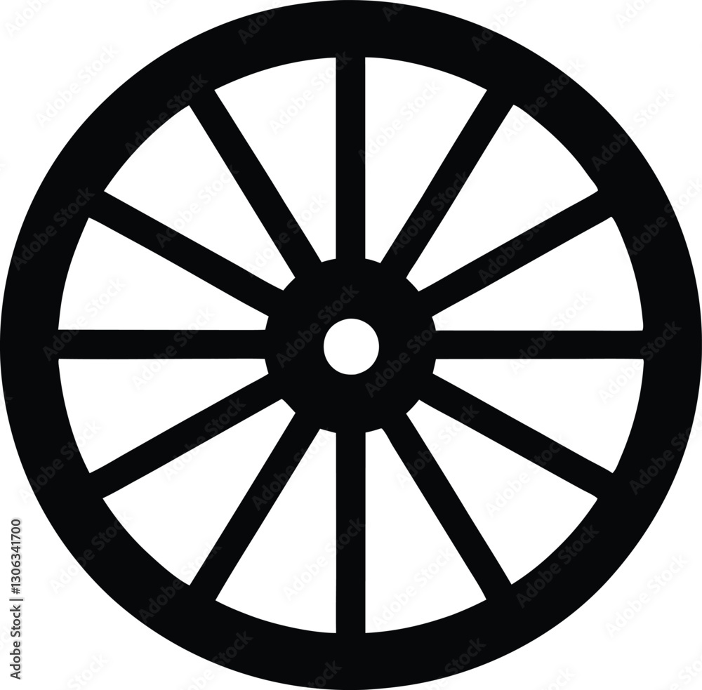 A black and white silhouette of a wheel. Wooden wheel icon A black and white silhouette of a wheel. Wooden wheel icon