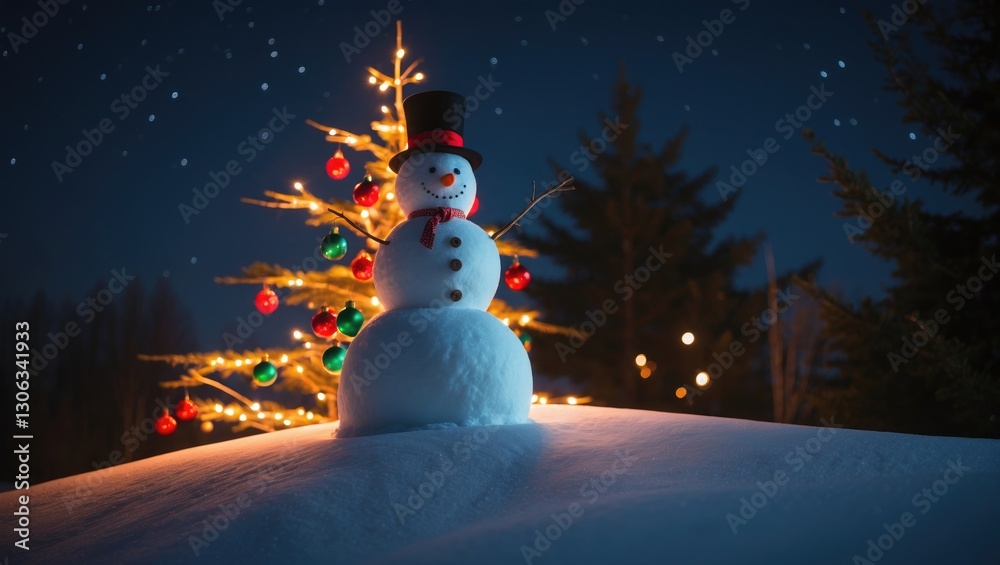 Obraz premium Frosty figure beside a glowing Christmas tree adorned with ornaments sits atop a snowy hill at night.