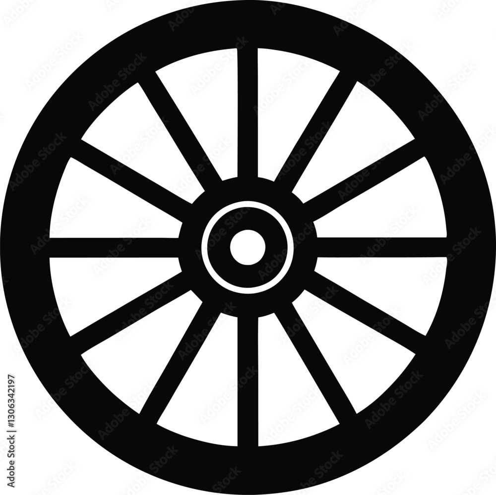 A black and white silhouette of a wheel. Wooden wheel icon A black and white silhouette of a wheel. Wooden wheel icon