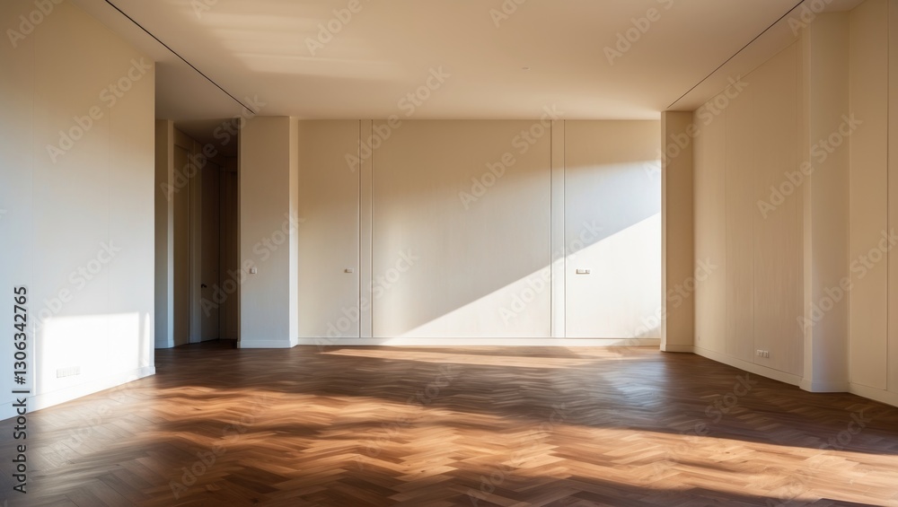 Obraz premium Unoccupied apartment interior, spacious area featuring a parquet floor.