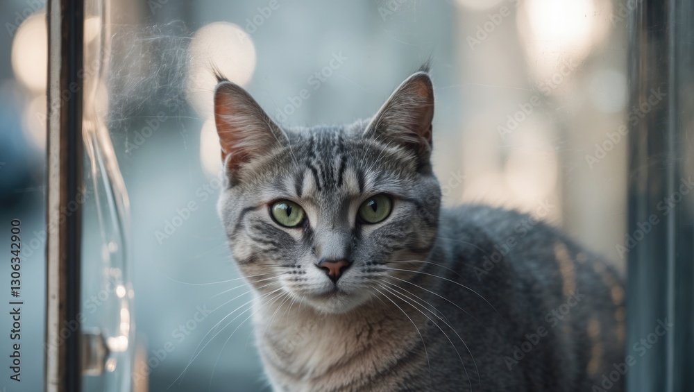 Silver-striped alley cat against a glass window backdrop