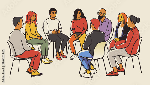 Diverse Group Sitting in a Circle Engaged in Discussion: Teamwork and Collaboration Concept
