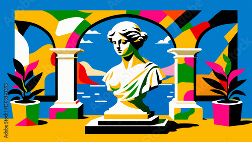 Vibrant Abstract Interpretation of Classical Bust Amidst Colorful Architectural Setting