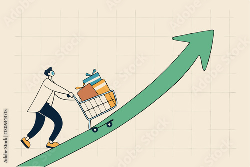 Inflation causing grocery price rising up, more expense, cost and spending, economic crisis or consumer price rising up concept, businessman push shopping cart trolley up rising price graph.