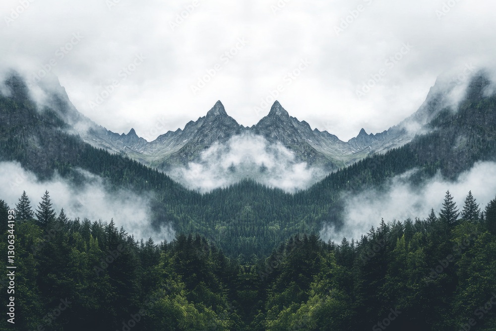 Fototapeta premium Majestic mountains and a dense forest landscape, with a misty atmosphere, perfect for nature photography.