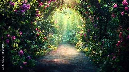 Wallpaper Mural Magical Flower Garden Pathway: Sunlit Arch of Pink Roses and Lush Green Foliage Torontodigital.ca