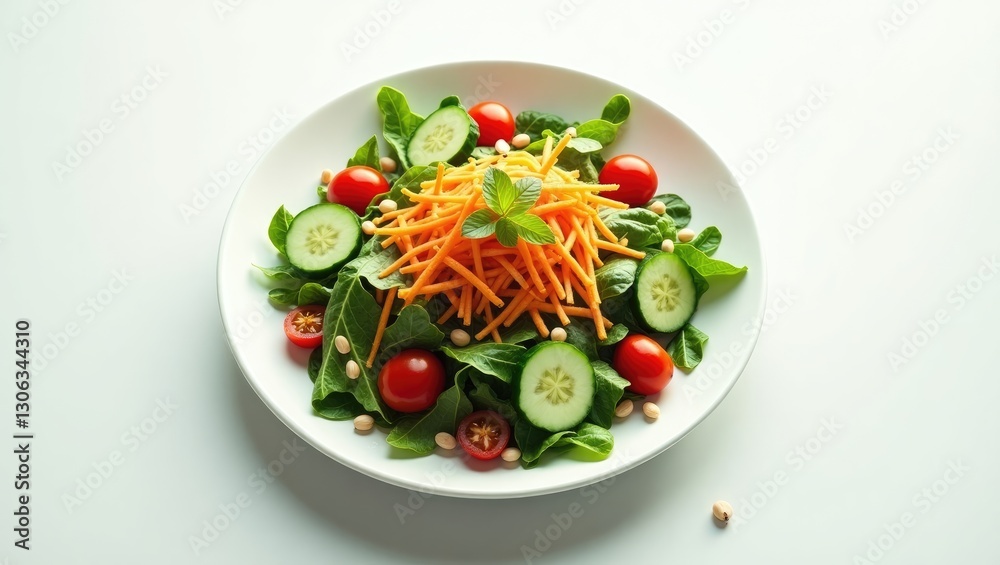 Bird's-eye view of a colorful vegetable salad served on a plate against a white backdrop. Bird's-eye view of a colorful vegetable salad served on a plate against a white backdrop.