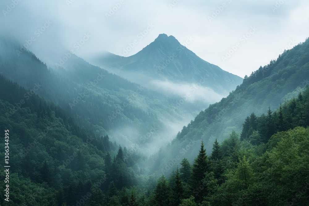 Fototapeta premium Majestic mountains and a dense forest landscape, with a misty atmosphere, perfect for nature photography.