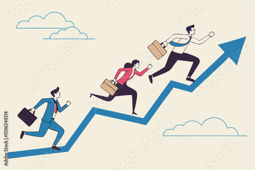 Growth strategy, career path development or growing business, employee training or improvement, job promotion concept, businessman people employees running on career path arrow in rising up direction.