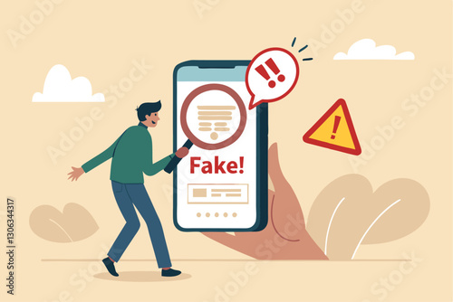 Fake news, false information sharing on social media, hoax or lies censorship, fake website cheating, scam or dishonesty report concept, man magnifying glass on social media as fake news attention.