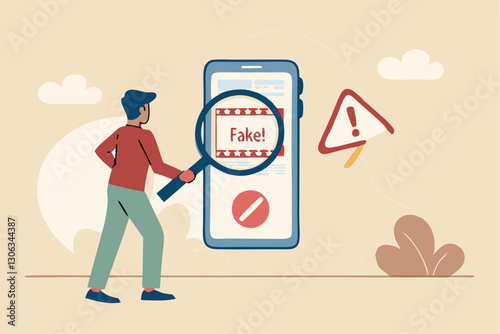 Fake news, false information sharing on social media, hoax or lies censorship, fake website cheating, scam or dishonesty report concept, man magnifying glass on social media as fake news attention.