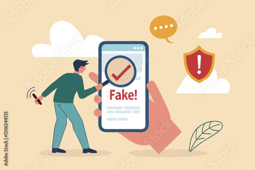 Fake news, false information sharing on social media, hoax or lies censorship, fake website cheating, scam or dishonesty report concept, man magnifying glass on social media as fake news attention.
