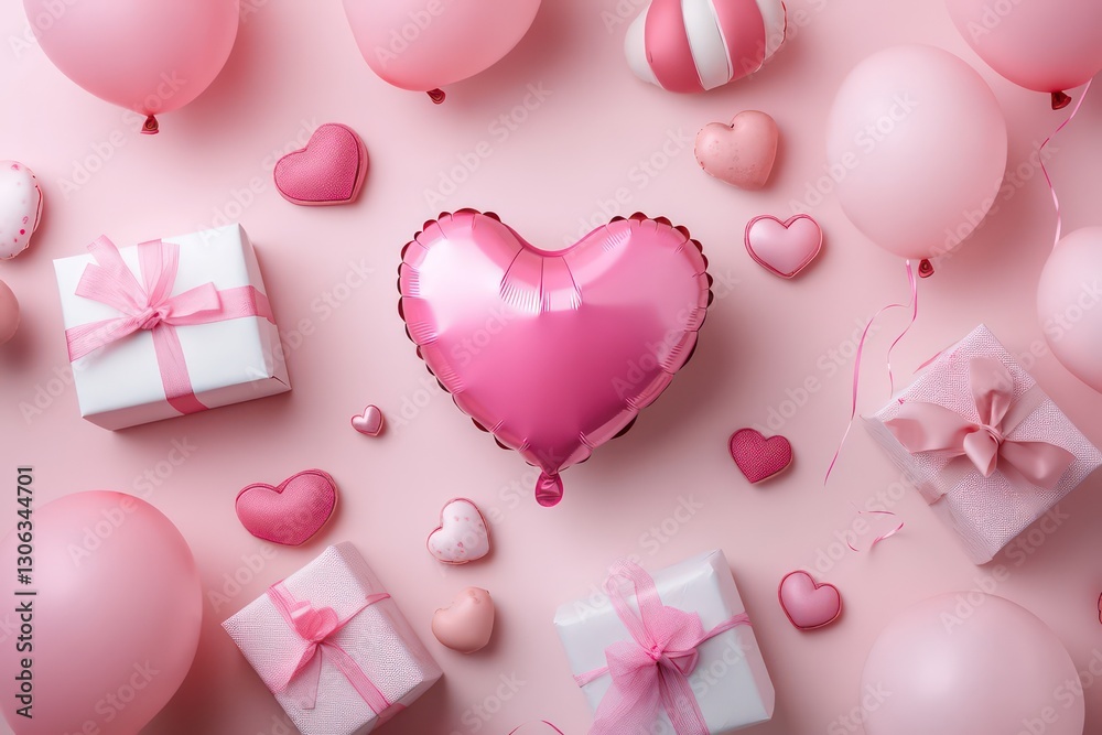Pink-themed Valentine's Day setup with a heart-shaped balloon and a gift box in the center, conveying love and affection. Pink-themed Valentine's Day setup with a heart-shaped balloon and a gift box in the center, conveying love and affection.