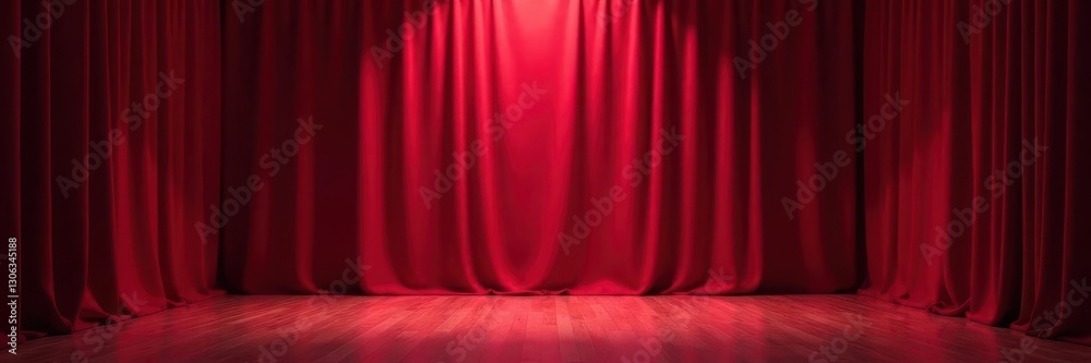Fototapeta premium Deep red drapes, focused spotlight, expansive view , light, background, drapes