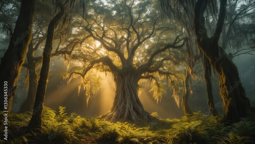 The rays of sunlight penetrate the trees, casting enchanting shadows in a mystical forest. A large, ancient tree stands at the center, emanating a magical glow. Beautiful fantasy landscape depictin...