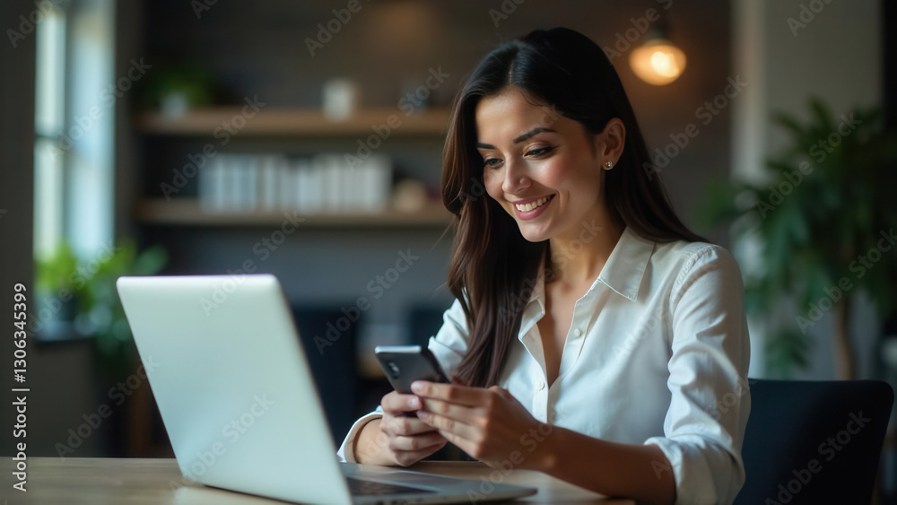 A young businesswoman manager uses a smartphone and laptop in the office, engaging in trading, reading, and working online. Ideal for business, entrepreneurship, and digital tools themes A young businesswoman manager uses a smartphone and laptop in the office, engaging in trading, reading, and working online. Ideal for business, entrepreneurship, and digital tools themes