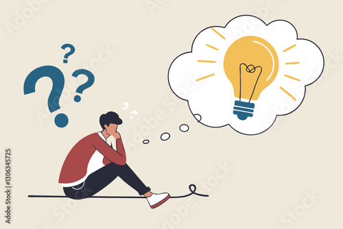 Problem solving skill, critical thinking or finding solution to solve problem, answer question, creativity or imagination, businessman on thinking bubble connect question mark to lightbulb solution.