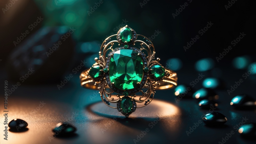 Naklejka premium Emerald jewelry piece featuring black stones in a dimly lit setting.