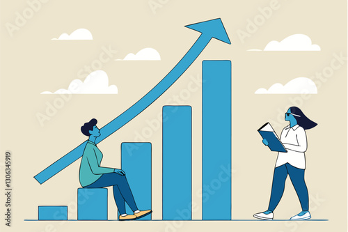 Grow business increase sales and profit, growth or progress to achieve goal and target, improve or development to boost performance concept, business people team looking at high rising up graph arrow.