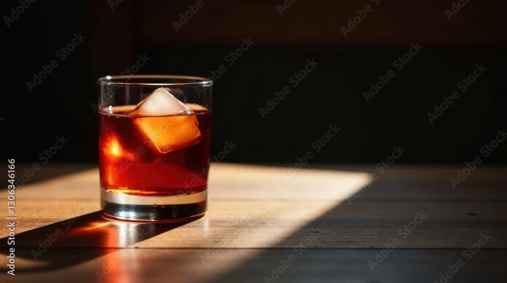 A refreshing amber beverage in a rocks glass, illuminated by a sunbeam on a wooden surface A refreshing amber beverage in a rocks glass, illuminated by a sunbeam on a wooden surface