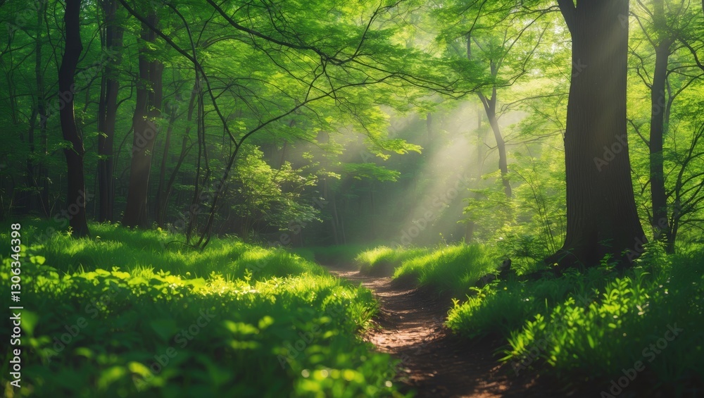 Fototapeta premium Morning light filtering through a vibrant spring forest with rich greenery