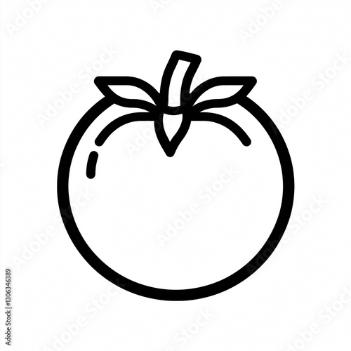 Black and white tomato icon with a stem and leaves. Ideal for healthy food, organic, and farming designs.