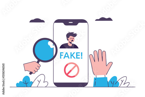 Fake news, false information sharing on social media, hoax or lies censorship, fake website cheating, scam or dishonesty report concept, man magnifying glass on social media as fake news attention.