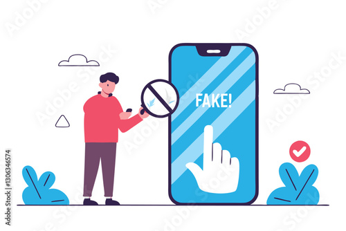 Fake news, false information sharing on social media, hoax or lies censorship, fake website cheating, scam or dishonesty report concept, man magnifying glass on social media as fake news attention.