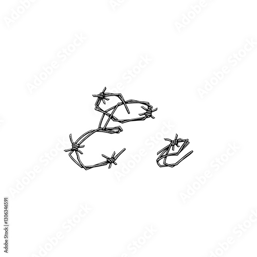 letter E Barbed wire hand drawing vector isolated on white background.