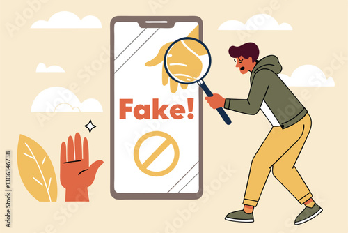 Fake news, false information sharing on social media, hoax or lies censorship, fake website cheating, scam or dishonesty report concept, man magnifying glass on social media as fake news attention.