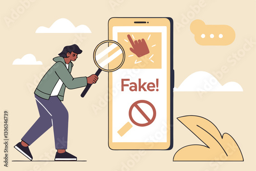 Fake news, false information sharing on social media, hoax or lies censorship, fake website cheating, scam or dishonesty report concept, man magnifying glass on social media as fake news attention.