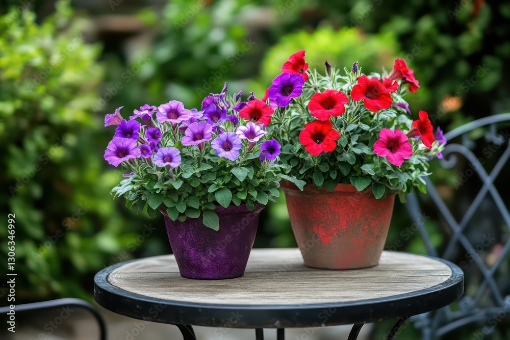 Red and purple petunias planted in matching pots, arranged on a small table in a cozy garden corner, perfect for enjoying the outdoors. Red and purple petunias planted in matching pots, arranged on a small table in a cozy garden corner, perfect for enjoying the outdoors.