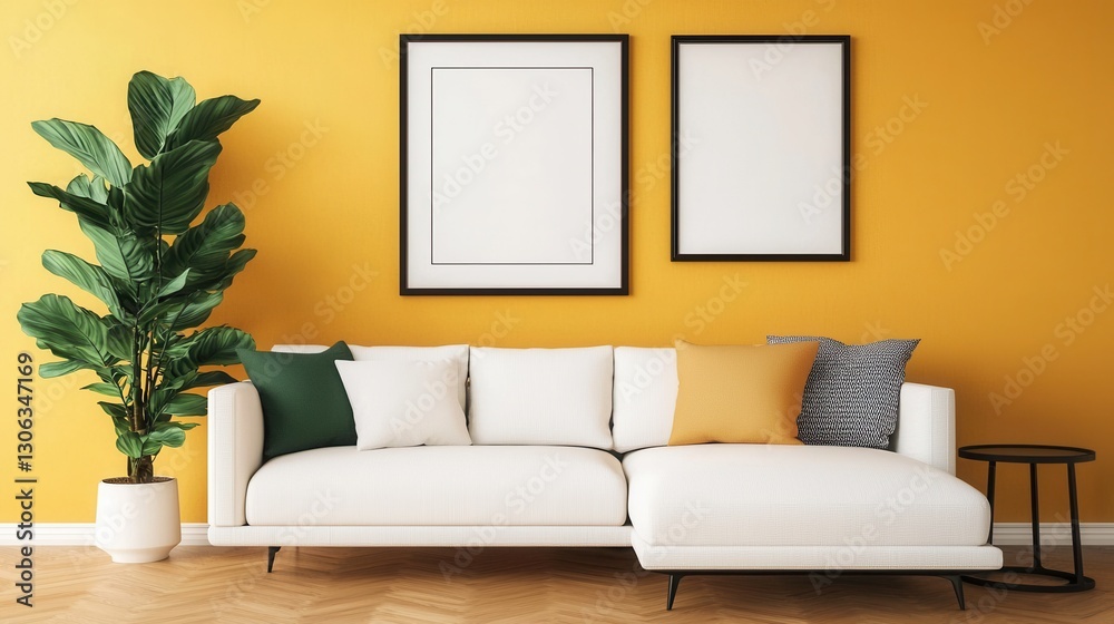 Fototapeta premium Bright Living Room with White Sofa and Yellow Wall Design