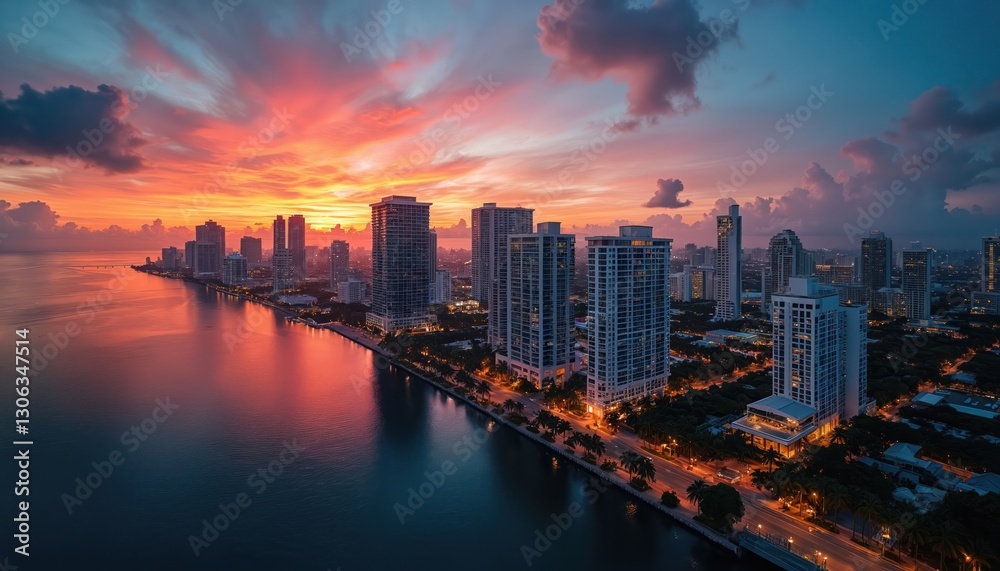 Fototapeta premium Aerial view of Miami skyline at sunset with vibrant orange sky, clouds over water. City buildings, architecture reflected in sea. Urban landscape with city lights on calm evening. Travel destination.